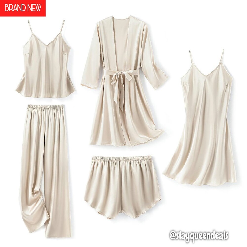 Silk Satin Pajama Set 5-Piece Sleepwear Robe Cami Shorts Lounge